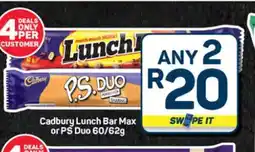 Pick n Pay Hypermarket Cadbury Lunch Bar Max or PS Duo 60/62g offer