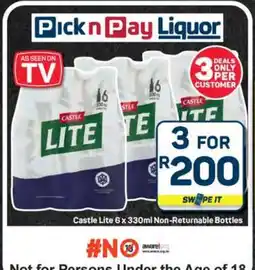 Pick n Pay Hypermarket Castle Lite 6 x 330ml Non-Returnable Bottles offer