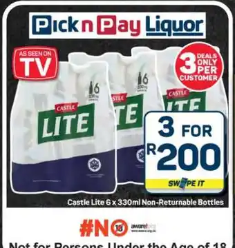 Pick n Pay Hypermarket Castle Lite 6 x 330ml Non-Returnable Bottles offer