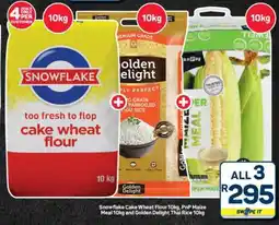 Pick n Pay Hypermarket Snowflake Cake Wheat Flour 10kg, PnP Maize Meal 10kg and Golden Delight Thai Rice 10kg offer