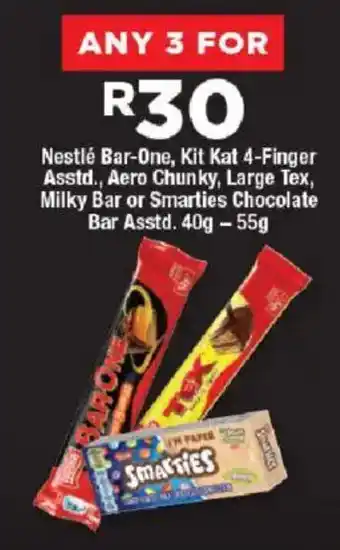 OK Foods Nestlé Bar-One, Kit Kat 4-Finger Asstd., Aero Chunky, Large Tex, Milky Bar or Smarties Chocolate Bar Asstd. offer