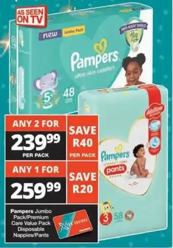 Checkers Hyper Pampers Jumbo Pack/ Premium Care Value Pack Disposable Nappies/ Pants offer