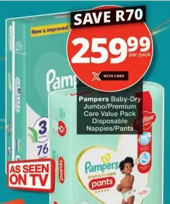Checkers Pampers Baby-Dry Jumbo/ Premium Care Value Pack Disposable Nappies/ Pants offer