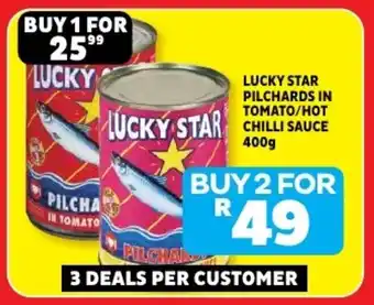 Usave Lucky star pilchards in tomato/ hot chilli sauce offer