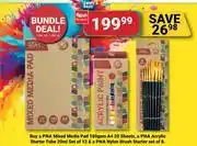PNA PNA Mixed Media Pad 180gsm A4 20 Sheets,Acrylic Starter Tube 20ml Set 12,Nylon Brush Starter Set 8 offer
