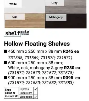 Builders Warehouse Shelfmate Hollow Floating Shelves offer