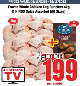 Boxer Frozen Whole Chicken Leg Quarters 4kg & HINDS Spice Assorted (All Sizes) offer