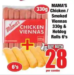 Boxer MAMA'S Chicken / Smoked Viennas 330g & Hotdog Rolls 6's offer