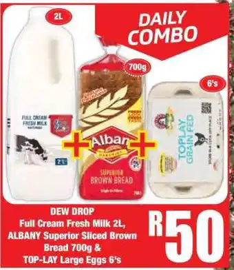 Boxer DEW DROP Full Cream Fresh Milk 2L, ALBANY Superior Sliced Brown Bread 700g & TOP-LAY Large Eggs 6's offer
