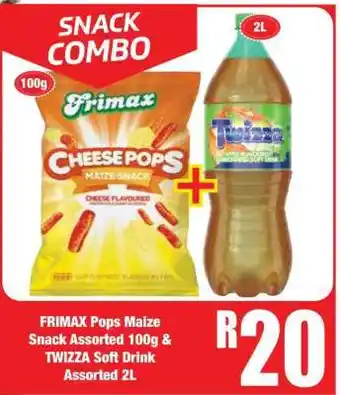 Boxer FRIMAX Pops Maize Snack Assorted 100g & TWIZZA Soft Drink Assorted 2L offer