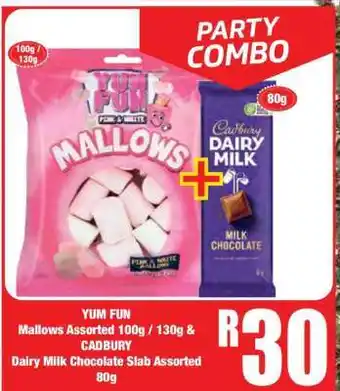 Boxer YUM FUN Mallows Assorted 100g / 130g & CADBURY Dairy Milk Chocolate Slab Assorted 80g offer