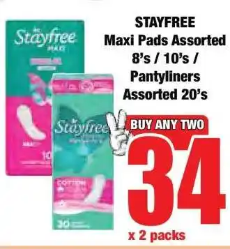 Boxer STAYFREE Maxi Pads Assorted 8's / 10's / Pantyliners Assorted 20's offer