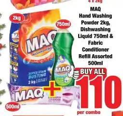 Boxer MAQ Hand Washing Powder 2kg, Dishwashing Liquid 750ml & Fabric Conditioner Refill Assorted 500ml offer