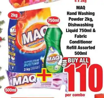 Boxer MAQ Hand Washing Powder 2kg, Dishwashing Liquid 750ml & Fabric Conditioner Refill Assorted 500ml offer
