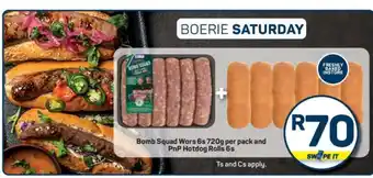 Pick n Pay Bomb Squad Wors 6s 720g per pack and PnP Hotdog Rolls 6s offer