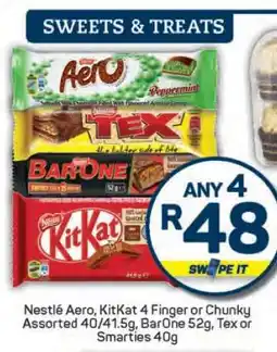 Pick n Pay Nestlé Aero, KitKat 4 Finger or Chunky Assorted 40/41.5g, BarOne 52g, Tex or Smarties 40g offer
