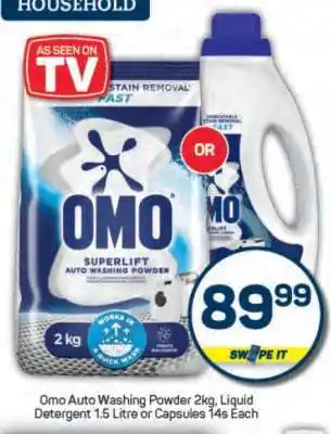 Pick n Pay Omo Auto Washing Powder 2kg, Liquid Detergent 1.5 Litre or Capsules 14s Each offer