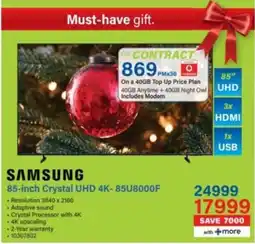 Incredible Connection Samsung 85-inch Crystal UHD 4K-85U8000F offer