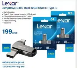 Incredible Connection Lexar JumpDrive D400 Dual 32GB USB 3.1 Type-C offer
