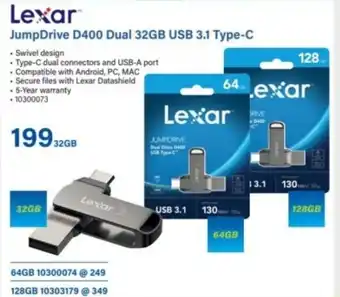 Incredible Connection Lexar JumpDrive D400 Dual 32GB USB 3.1 Type-C offer