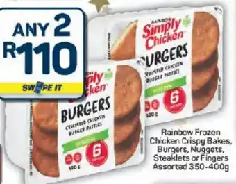 Pick n Pay Hypermarket Rainbow Frozen Chicken Crispy Bakes, Burgers, Nuggets, Steaklets or Fingers Assorted offer