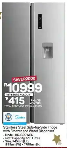 Pick n Pay Hypermarket Stainless Steel Side-by-Side Fridge with Freezer and Water Dispenser offer