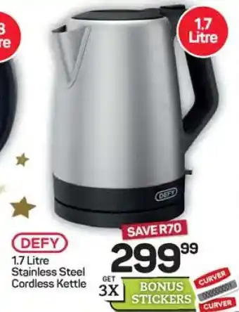Pick n Pay Hypermarket DEFY 1.7 Litre Stainless Steel Cordless Kettle offer