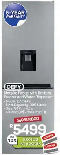 Pick n Pay Hypermarket DEFY Metallic Fridge with Bottom Freezer and Water Dispenser offer