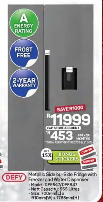 Pick n Pay Hypermarket Metallic Side-by-Side Fridge with Freezer and Water Dispenser offer