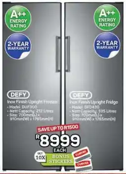 Pick n Pay Hypermarket DEFY Inox Finish Upright Freezer and Fridge offer