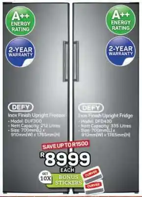 Pick n Pay Hypermarket DEFY Inox Finish Upright Freezer and Fridge offer