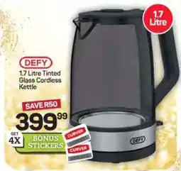 Pick n Pay Hypermarket DEFY 1.7 Litre Tinted Glass Cordless Kettle offer