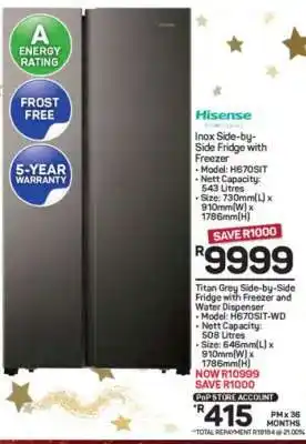 Pick n Pay Hypermarket Hisense Inox Side-by-Side Fridge with Freezer offer
