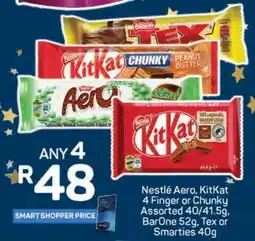 Pick n Pay Nestlé Aero, KitKat 4 Finger or Chunky Assorted 40/41.5g, BarOne 52g, Tex or Smarties 40g offer