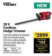 Builders Warehouse Hyper Tough 20V Cordless Hedge Trimmer (850026635) offer