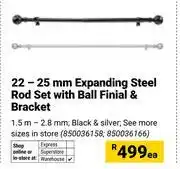 Builders Warehouse 22-25mm Expanding Steel Rod Set With Ball Finial & Bracket (850036158,850026166)-Each offer