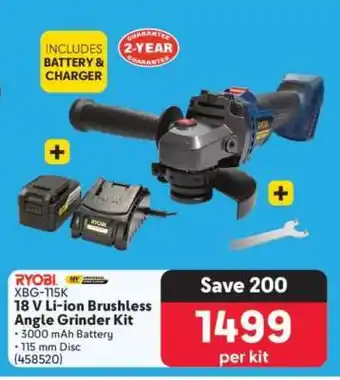 Makro RYOBI XBG-115K 18 V Li-ion Brushless Angle Grinder Kit offer