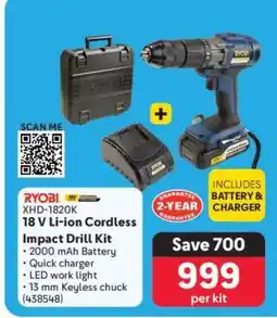 Makro RYOBI XHD-1820K 18 V Li-ion Cordless Impact Drill Kit offer