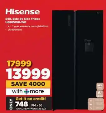 HiFi Corp Hisense 541L Side By Side Fridge H680SMIB-WD offer
