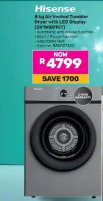 Game Hisense 8 kg Air Vented Tumbler Dryer with LED Display (DVM801UT) offer