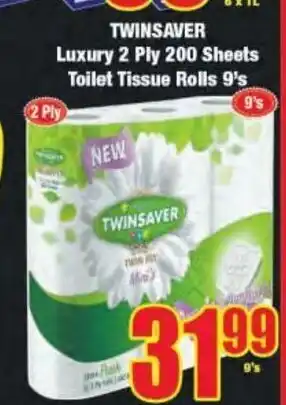 Twinsaver Luxury 2 Ply 200 Sheets Toilet Tissue Rolls 9's