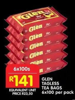 Shoprite GLEN TAGLESS TEA BAGS 6x100 per pack offer