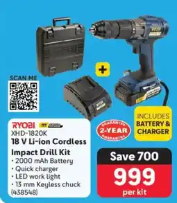 Makro RYOBI 18 V Li-ion Cordless Impact Drill Kit offer