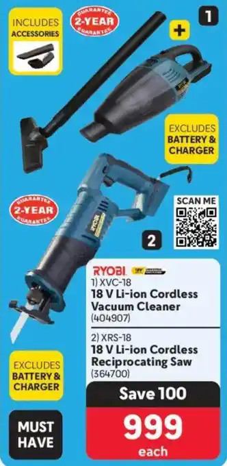 Makro RYOBI 18 V Li-ion Cordless Vacuum Cleaner or 18 V Li-ion Cordless Reciprocating Saw offer
