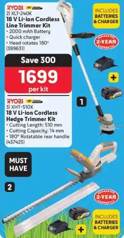 Makro RYOBI 18 V Li-ion Cordless Line Trimmer Kit or 18 V Li-ion Cordless Hedge Trimmer Kit offer