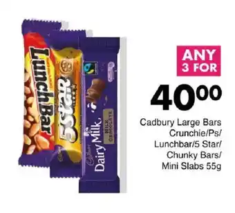 Save Hyper Cadbury Large Bars Crunchie/ Ps/ Lunchbar/ 5 Star/ Chunky Bars/ Mini Slabs offer