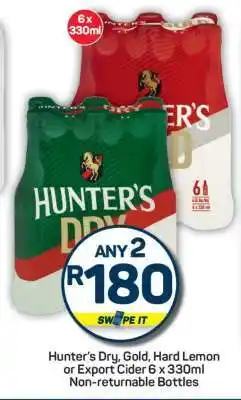 Pick n Pay Hunter’s Dry, Gold, Hard Lemon or Export Cider 6 x 330ml offer