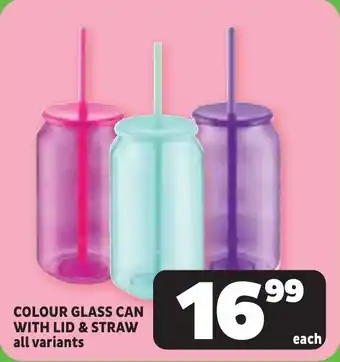 Usave Colour glass can with lid & straw offer