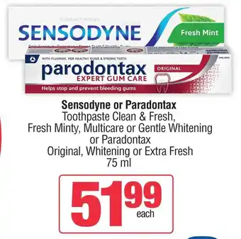 Spar Sensodyne or Paradontax Toothpaste Clean & Fresh, Multicare or Gentle Whitening or Paradontax, Whitening or Extra Fresh offer