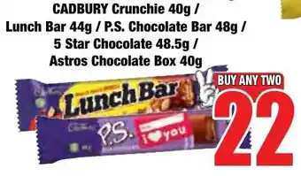Boxer Superstores CADBURY Crunchie/ Lunch Bar/ P.S. Chocolate Bar/ 5 Star Chocolate/ Astros Chocolate Box offer